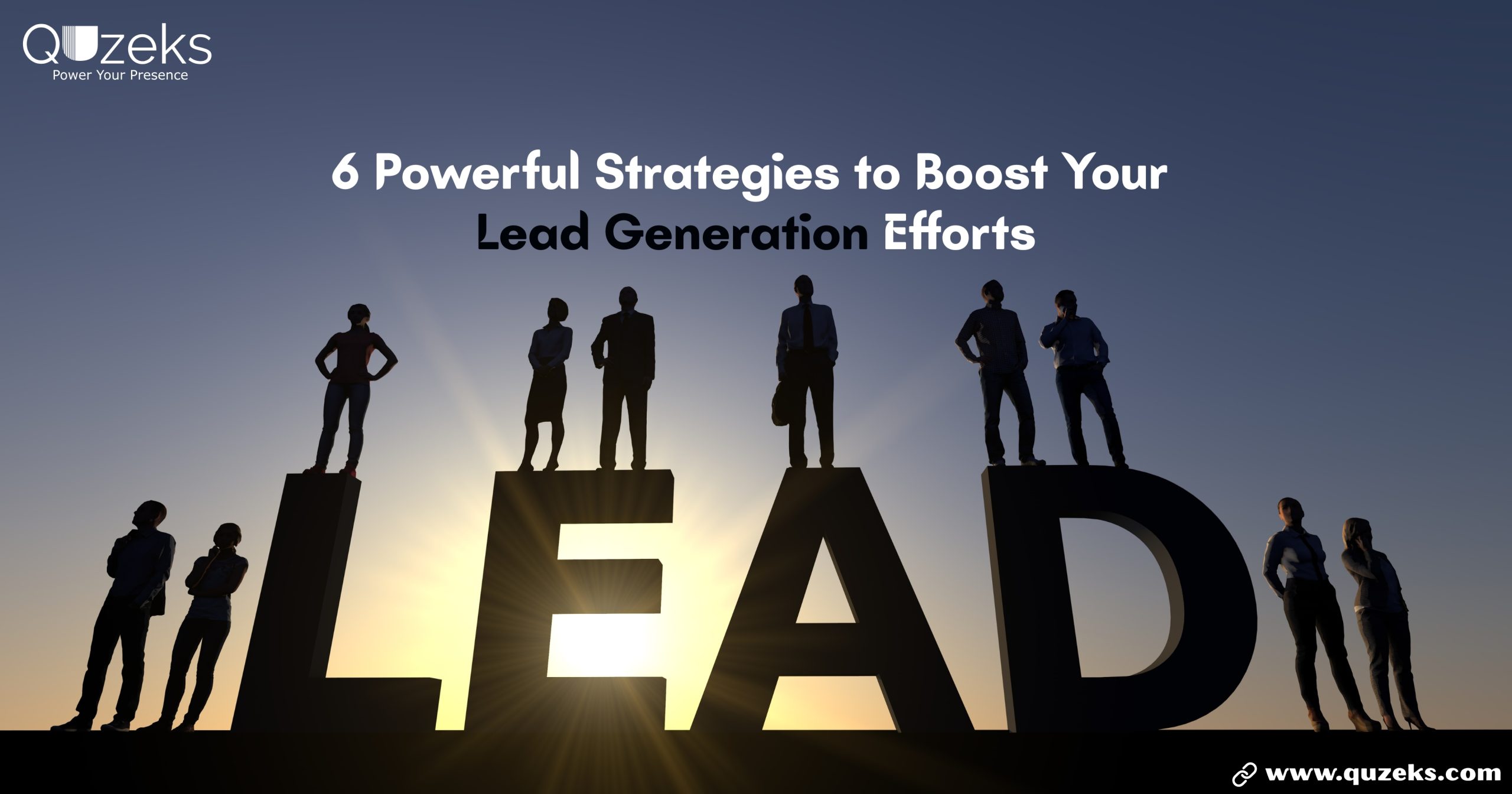 Illustration of digital marketing tactics with icons showing email, social media, and funnels representing 6 powerful strategies to boost lead generation