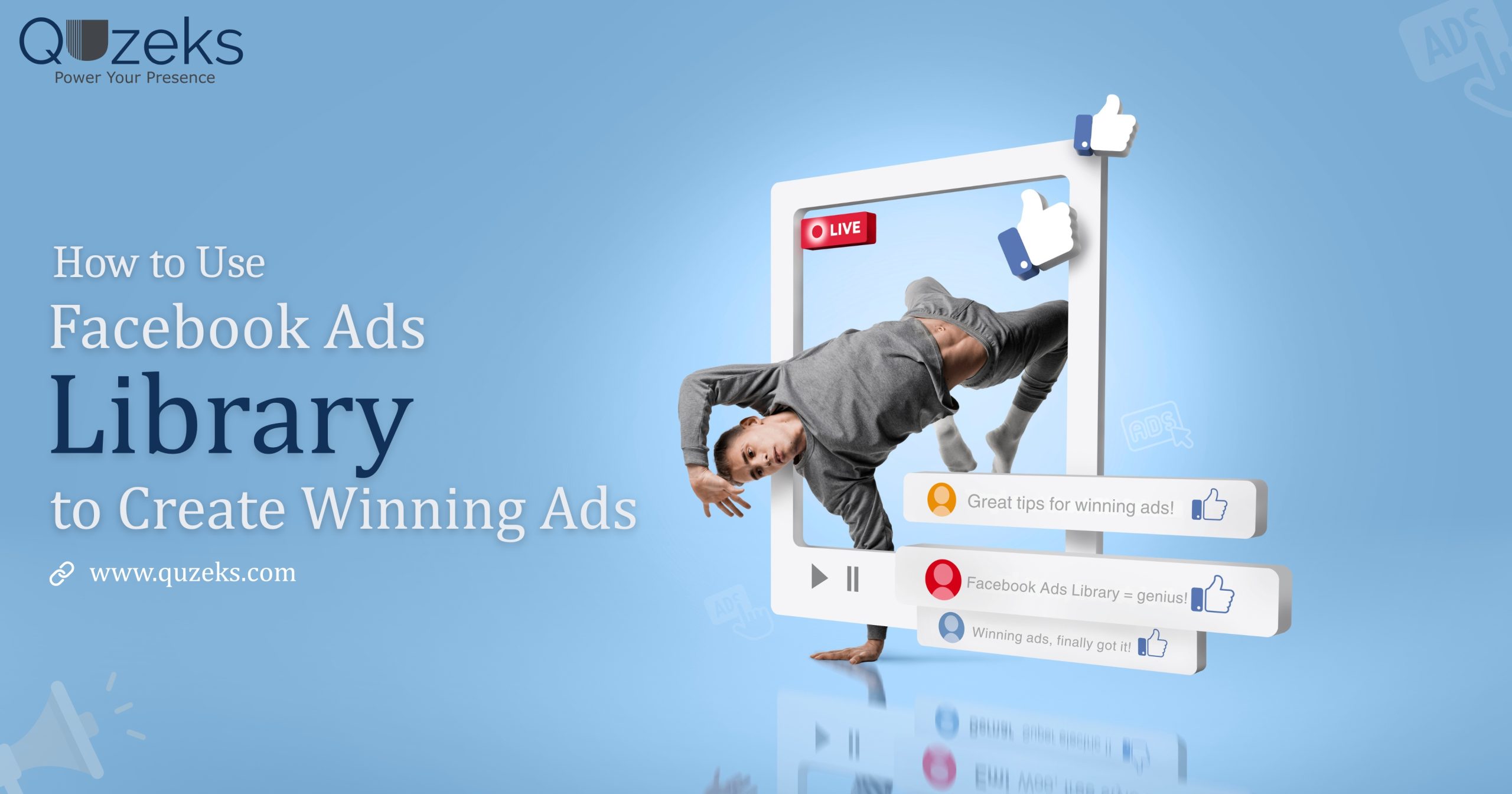 Promotional image showing a dancer emerging from a social media screen with like icons and comments, representing how to use Facebook Ads Library to create winning ads.