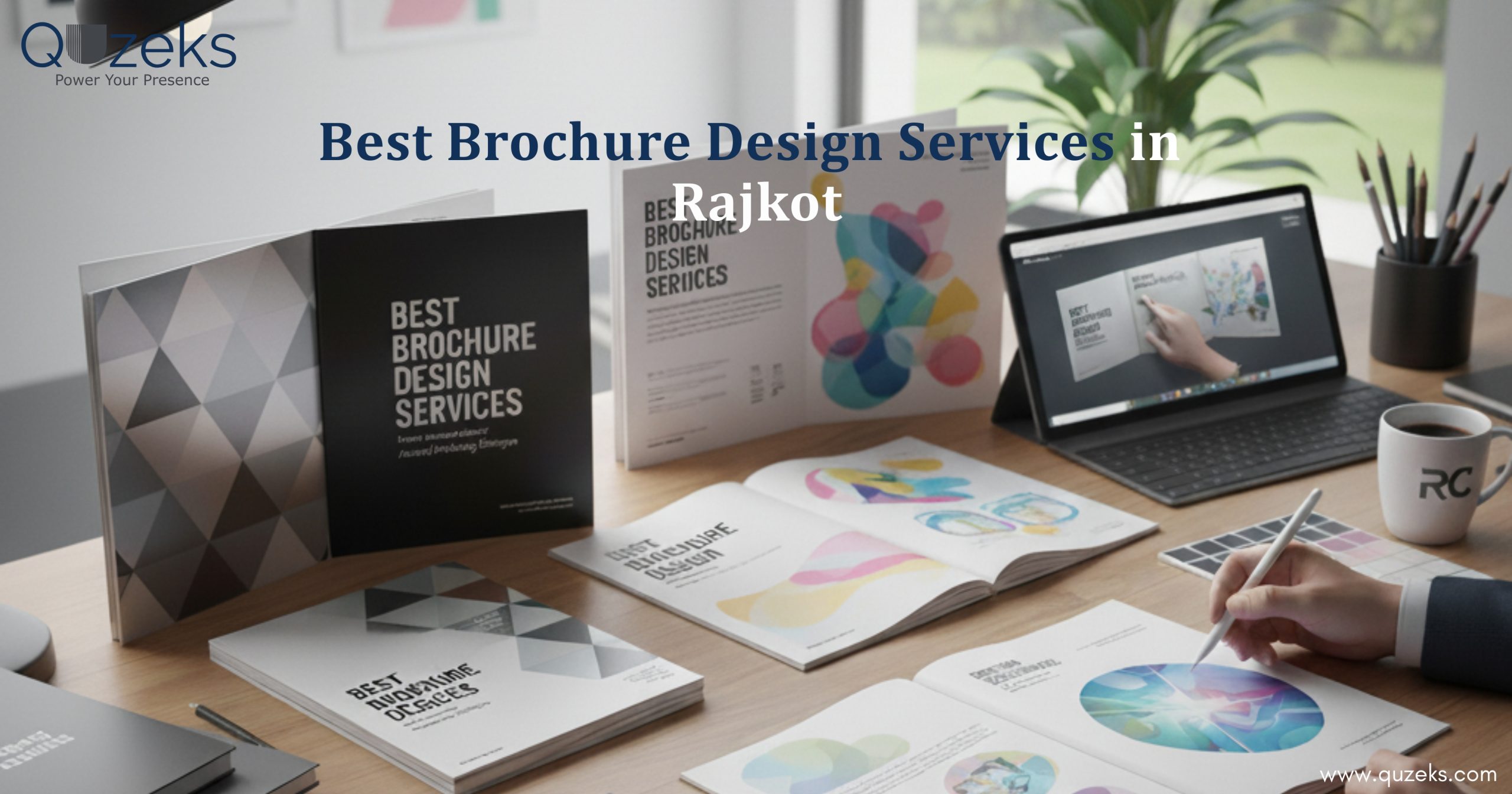 A designer working on creative brochure layouts with colorful designs, open magazines, and a laptop displaying brochure design concepts. Text on the image reads ‘Best Brochure Design Services in Rajkot’ with Quzeks logo and website